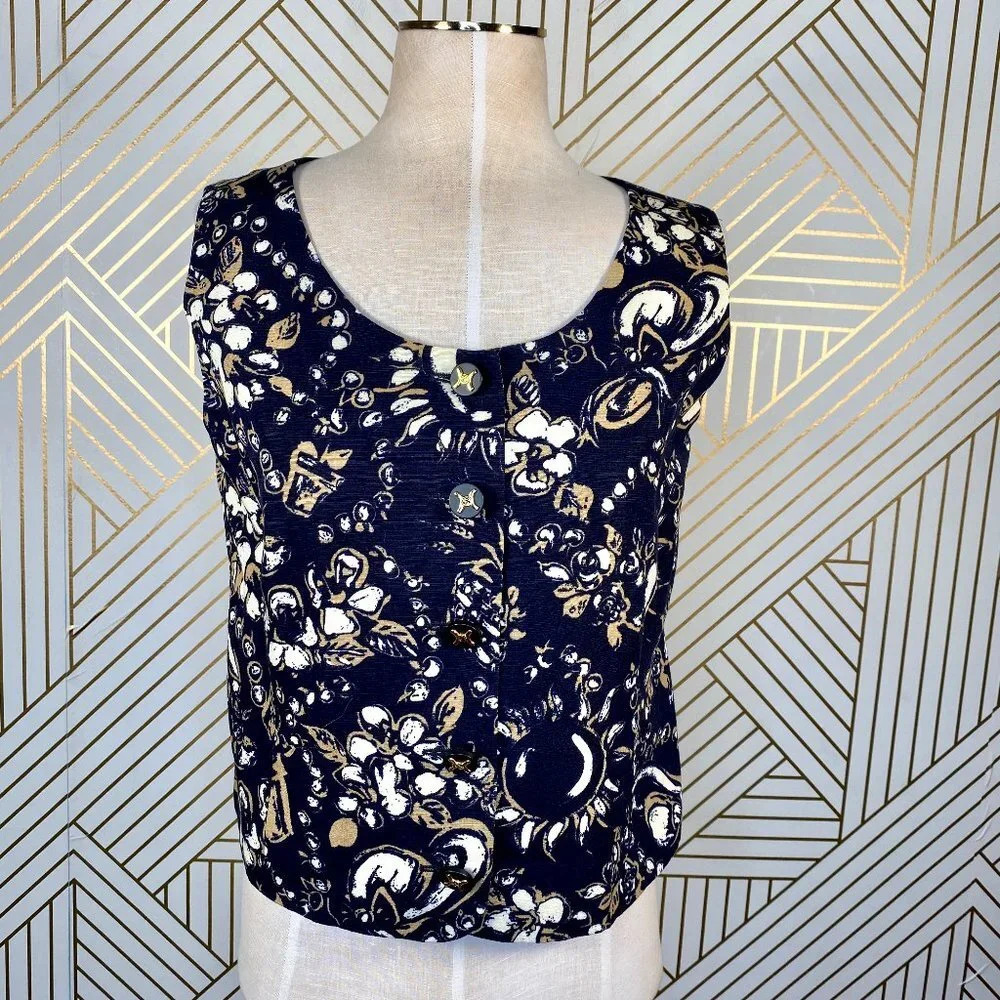 Louis Feraud Navy‎ Blue Floral Sun Print Button Top
